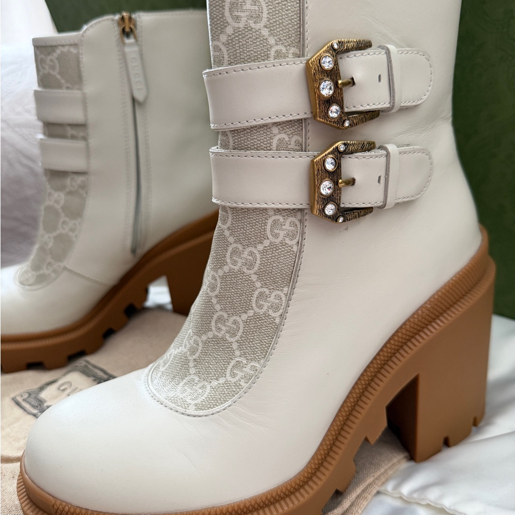 Gucci White Canvas & Leather Crystal-Buckle Chunky Heel Boots